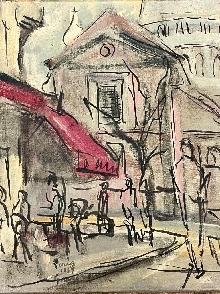 Paris street scene 1959 oil on canvas: Paris 1959 dated oil on canvas of a street scene. Signed - illegible. Approx. 10 x 7.75 inches. Frame approx. 16 x 14 inches.