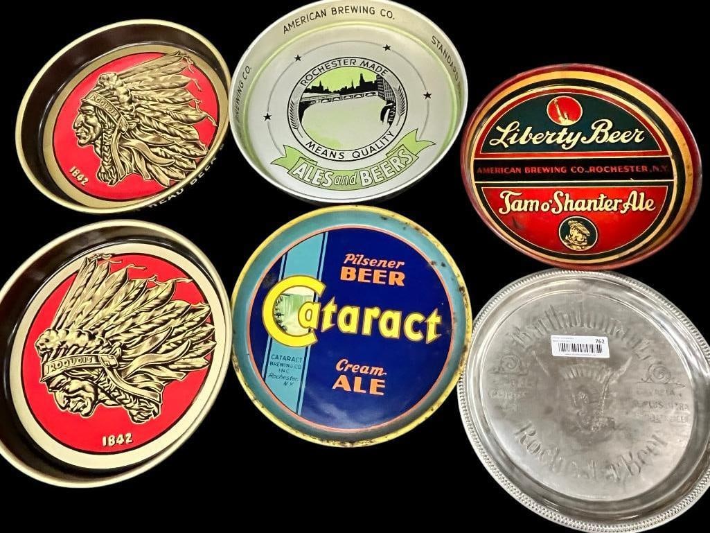 6 Beer Advertising Trays: 6 Beer Advertising Trays including Bartholomays, Iroquois, Cataract, American Brewing and Standard Brewing. Largest approx. 13.5 inches.