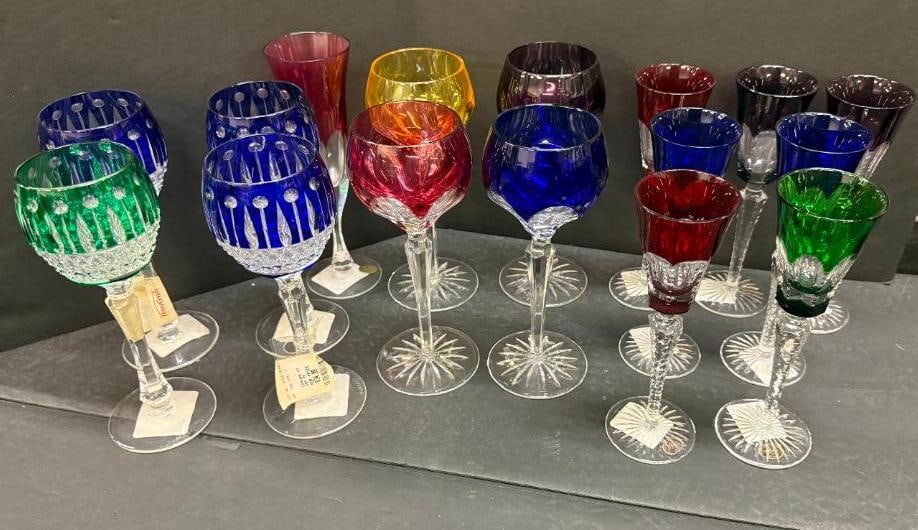Faberge and Ajka cut to clear stemware: Faberge and Ajka cut to clear stemware. One marked Bleikristall. 16 pieces total.