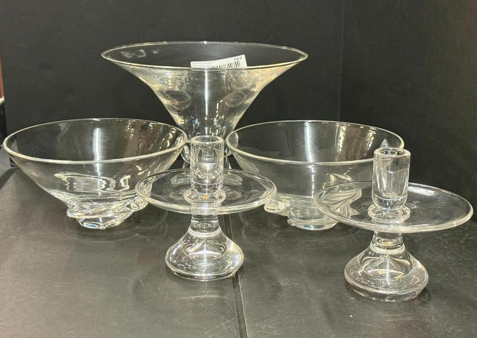 Steuben bowls and candlesticks: Steuben bowls and candlesticks. 5 pieces. Large bowl approx. 6 x 9 x 9 inches.