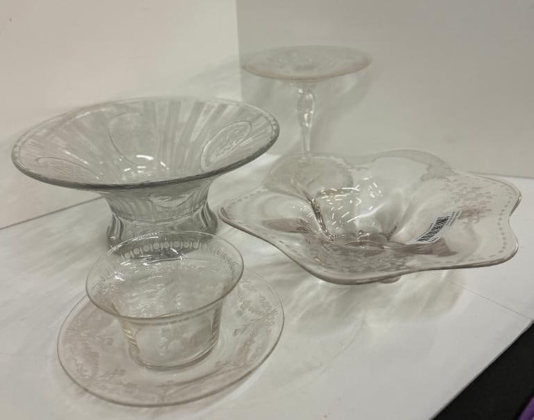 Etched glass bowls and compote (1 of 7)