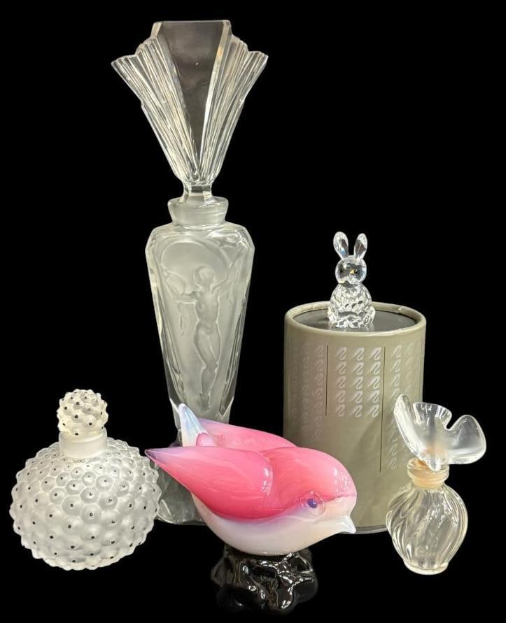 Murano Pink Bird, Lalique perfumes and more: Murano Pink Bird, Lalique Dove and Cactus perfumes, Swarovski rabbit and more. 5 pieces. Bottle approx. 12 x 4 x 4 inches.