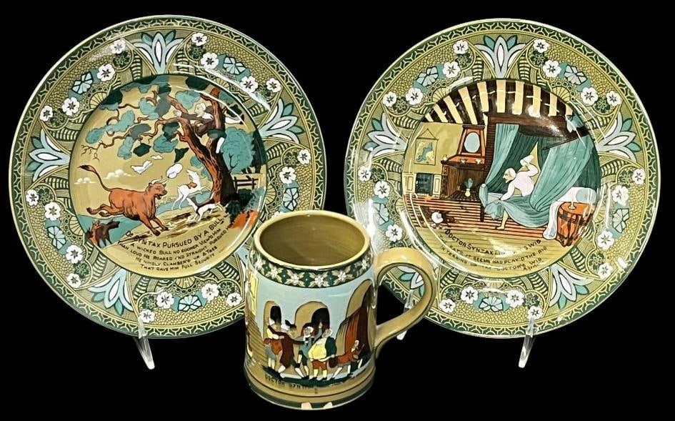 Buffalo Pottery Emerald Deldare Ware: Buffalo Pottery Emerald Deldare Ware. 3 pieces. Doctor Syntax Plates and mug. Plates approx. 9.5 inches.