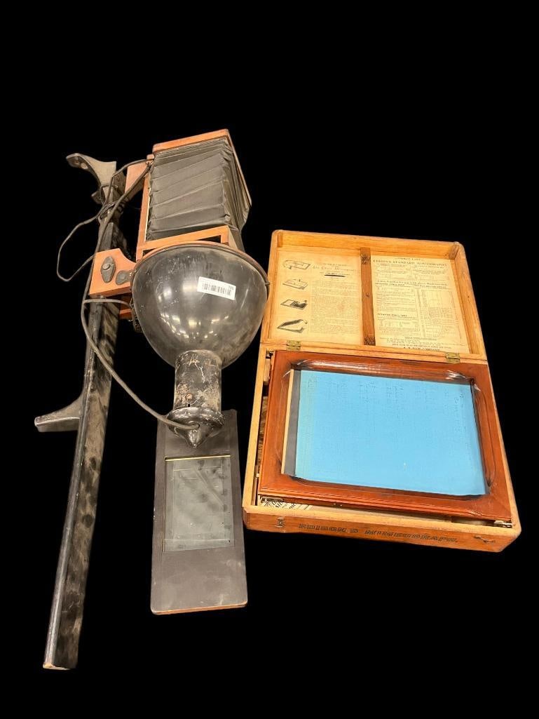 Elwood Pattern Works projector etc.: Elwood Pattern Works projector and Edison Mimeograph. 2 pieces. Projector approx. 18 x 41 x 10 inches.