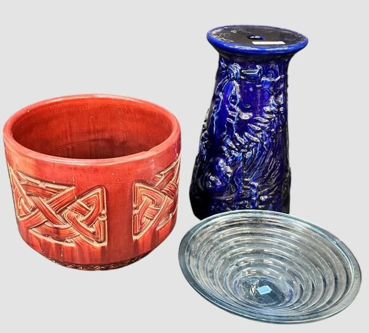 Pedestal, Pot and glass bowl: Pedestal, Pot and glass bowl. 3 pieces. Pedestal approx. 18 x 11 x 11 inches.