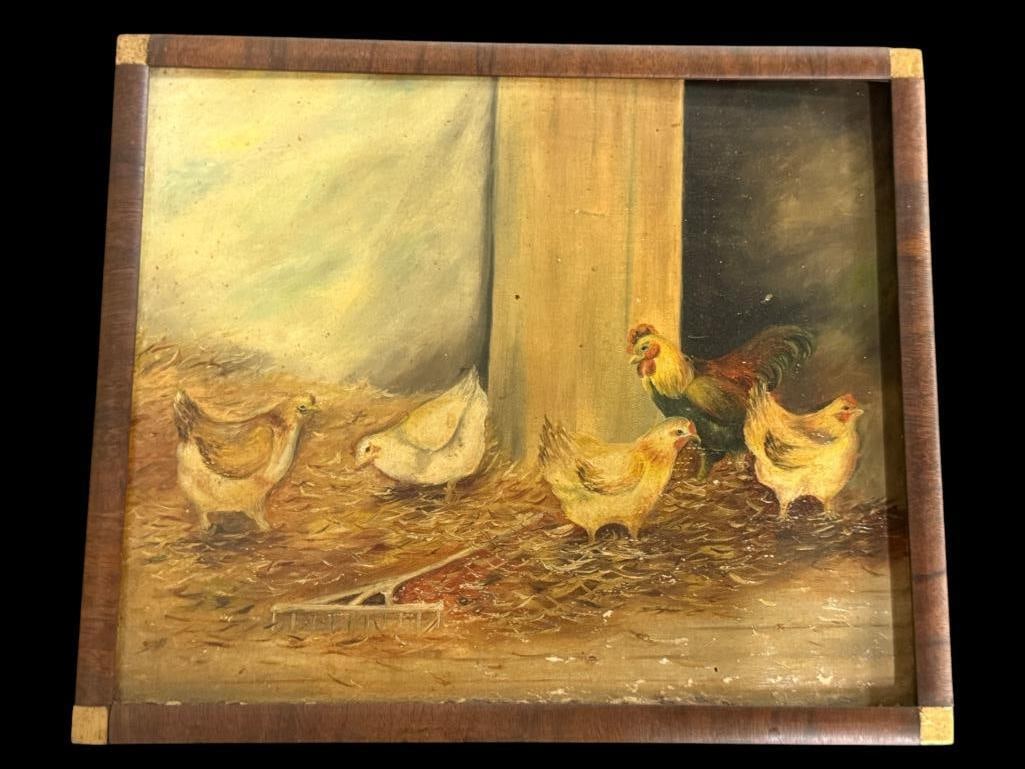 Oil on board of Chickens: Oil on board of Chickens. Frame approx. 13 x 11 inches.