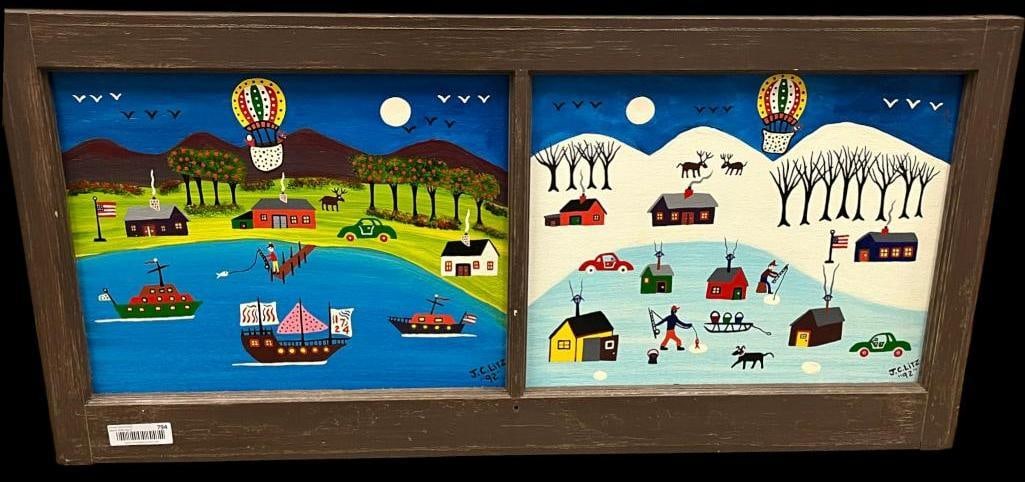 2 J.C. Litz 1992 signed oil on board: 2 J.C. Litz 1992 signed oil on board. Titled "Summertime fun on the lake" and "Wintertime Ice Fishing". Approx. 40 x 19 inches.
