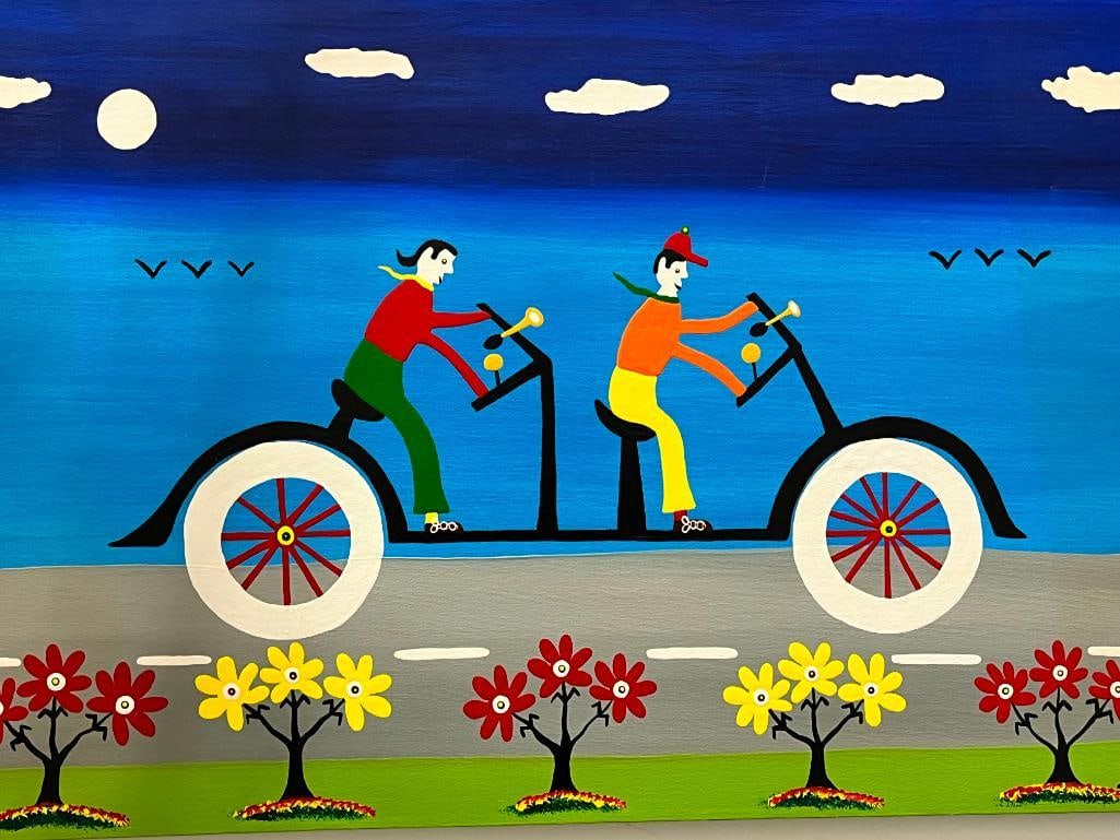 J.C. Litz 1995 signed acrylic on canvas: J.C. Litz (1948-2009) 1995 signed acrylic on canvas. Titled "A bicycle built for two" . Approx. 36.5 x 23.5 inches.