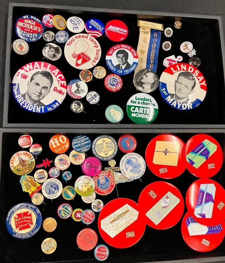 Advertising and Political Buttons: Advertising and Political Buttons. Including Roosevelt, Mondale, Dukakis and more. Advertising buttons for Ritz, Pulvers Gum, Land O Lakes, Kleenex and more.