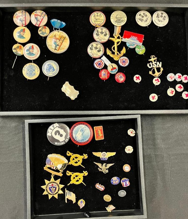 Fireman's pins, Red Cross pins etc.: Fireman's pins, Red Cross pins, Welcome Transatlantic Fliers pins and more.