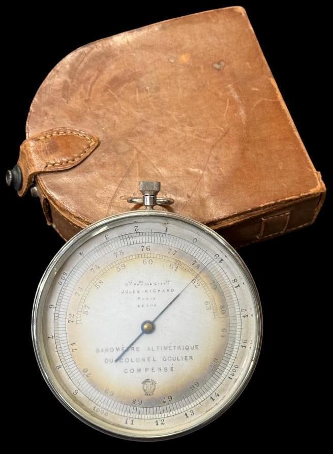 Jules Richard barometer: Jules Richard barometer / altimeter. In leather case. Approx. 4.5 inches.