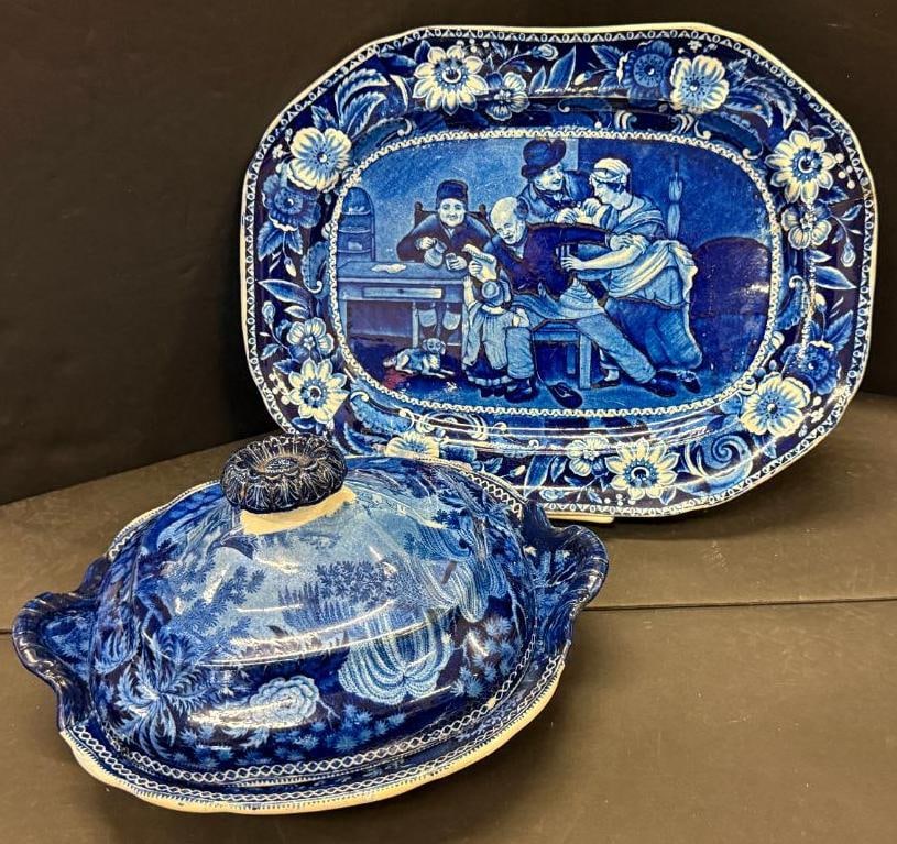 Staffordshire tray and covered dish: Staffordshire tray The Valentine and Clews covered dish. Tray approx. 16 x 12 inches.