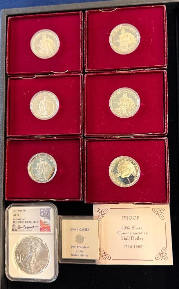 2024 MS 70 U.S. Silver Eagle and more: 2024 NGC graded MS 70 U.S. Silver Eagle. 1982 Proof Washington Silver Half Dollars and Jimmy Carter Sterling Silver 10mm coin. 8 pieces.