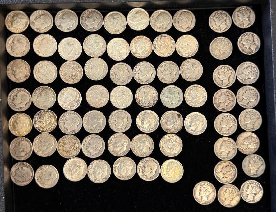 71 U.S. Silver Dimes: 71 U.S. Silver Dimes. Including Mercury and Roosevelt.