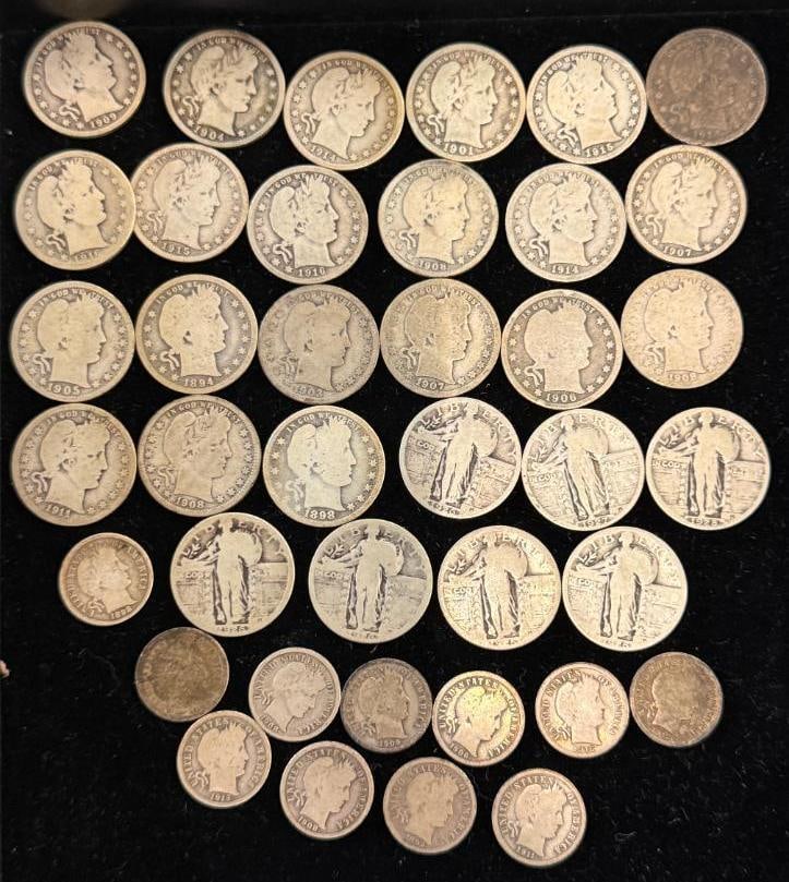 Group of U.S. Silver coins: $8.10 face value U.S. Silver coins. approx. 39 pieces. Includes 28 quarters and 11 dimes. Barbers and Standing Liberty.