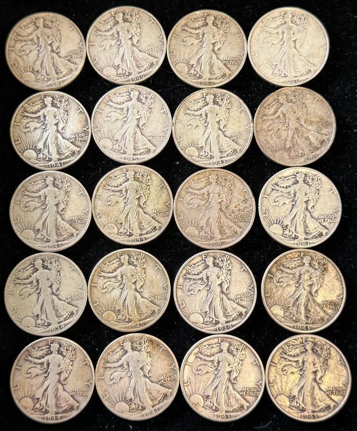 20 Silver Walking Liberty Half Dollars: 20 Silver Walking Liberty Half Dollars.