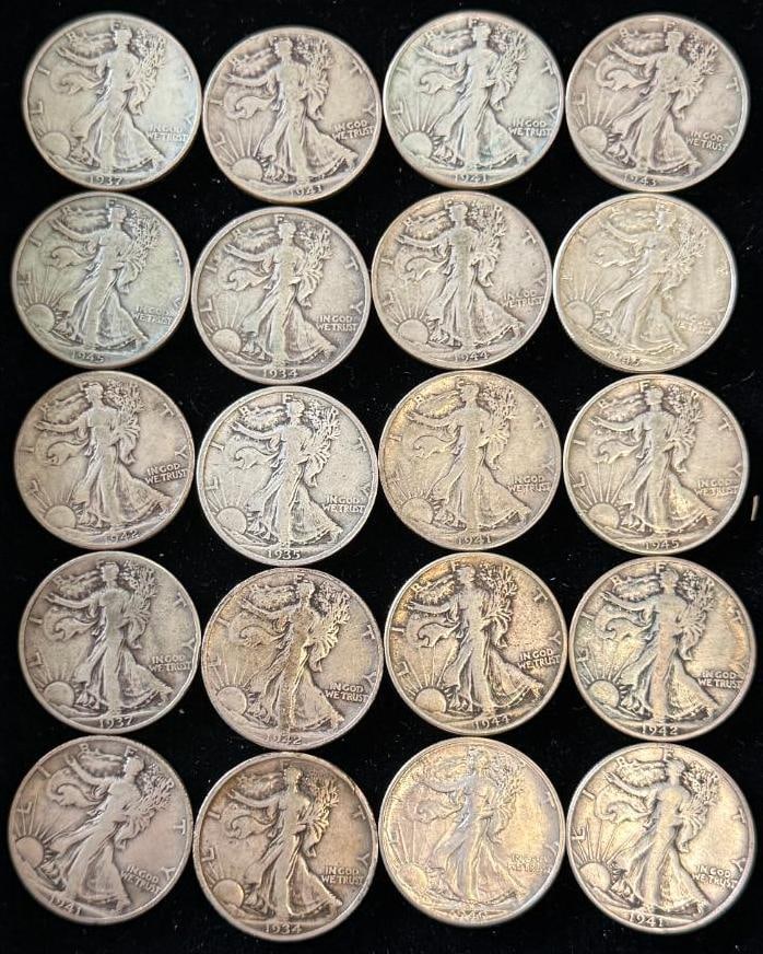 20 Silver Walking Liberty Half Dollars: 20 Silver Walking Liberty Half Dollars.