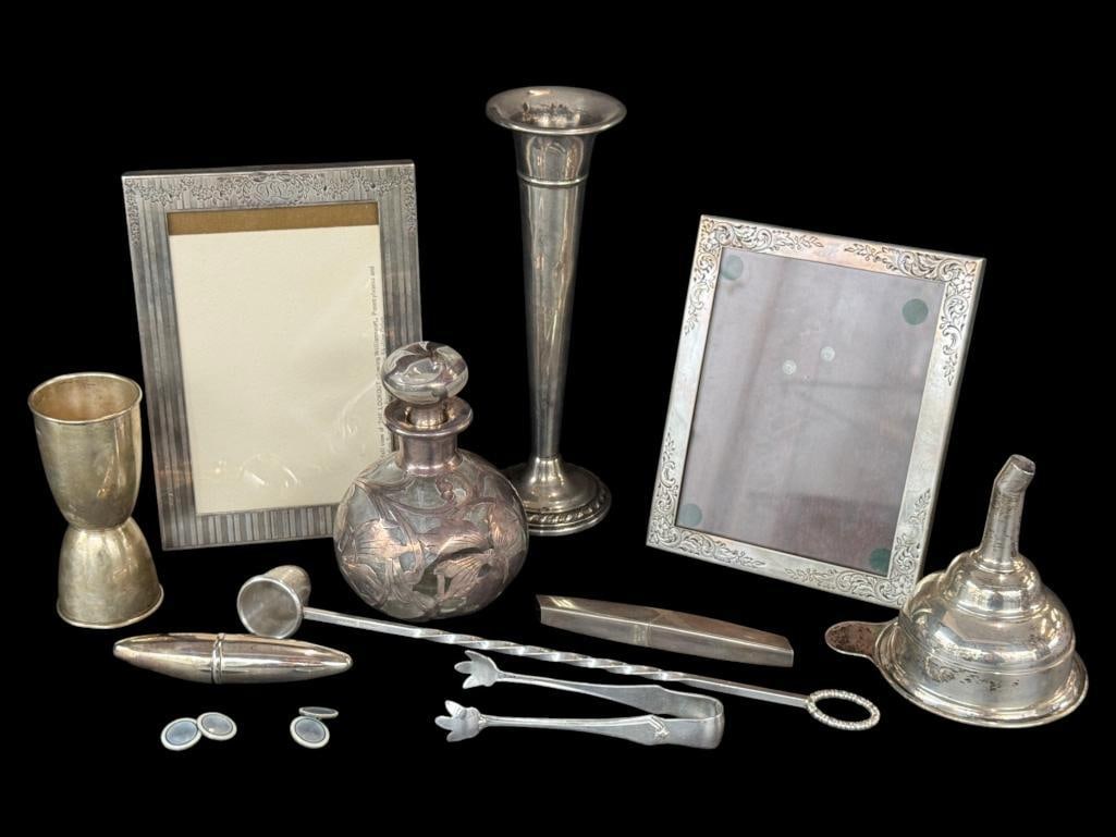 Sterling Silver Frames, Candlestick, Tongs and more: Sterling Silver Frames, Candlestick, Tongs and more.