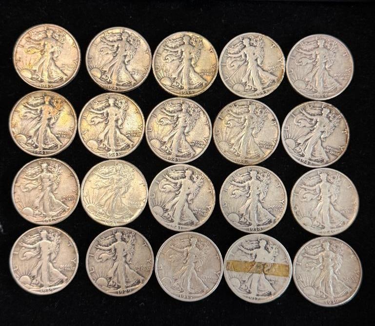 20 U.S. Silver Walking Liberty Half Dollars: $10 Face U.S. Silver Walking Liberty Half Dollars. 20 pieces..