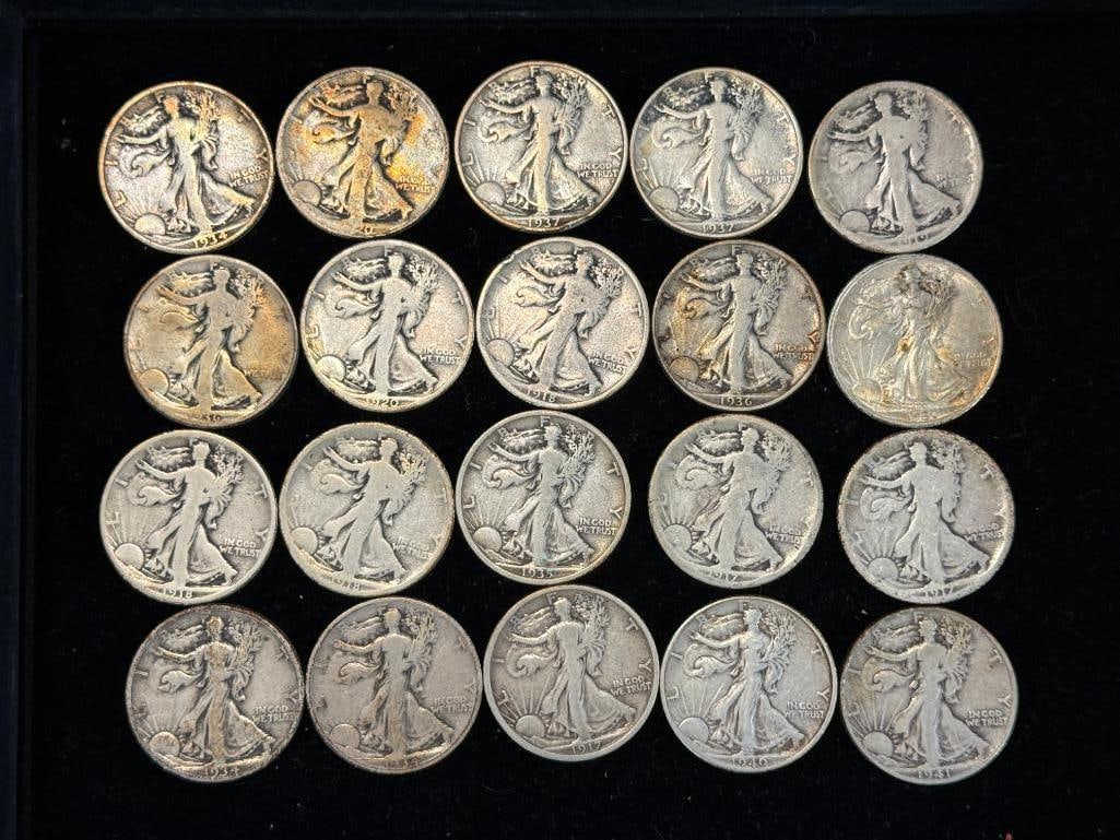 20 U.S. Silver Walking Liberty Half Dollars: $10 Face U.S. Silver Walking Liberty Half Dollars. 20 pieces.