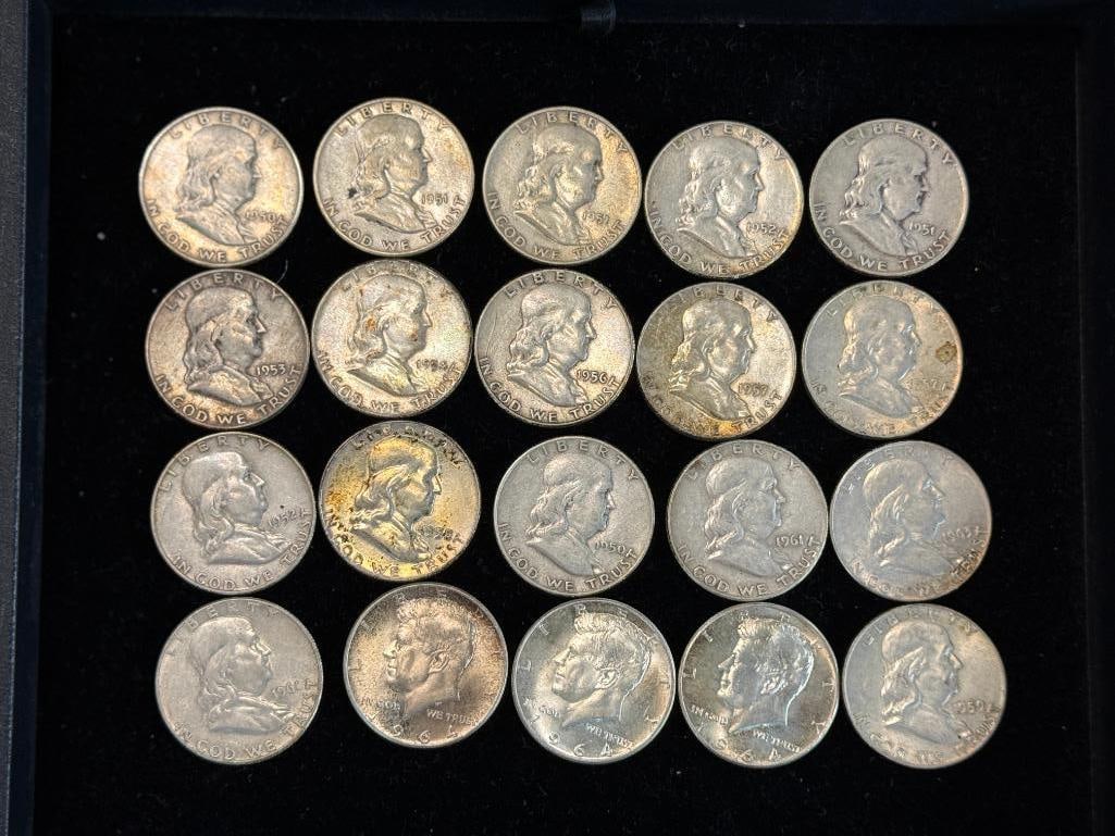 20 U.S. Silver Half Dollars: $10 Face U.S. Silver Half Dollars. 20 pieces total. Franklin and Kennedy halves.
