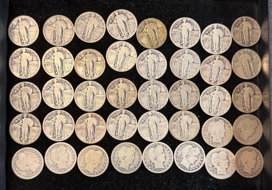 $10 Face value U.S. Silver Quarters: $10 Face value U.S. Silver Quarters. 40 pieces. Standing Liberty and Barber quarters.