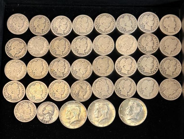 Group of U.S. Silver Coinage: $10 Face value U.S. Silver Coinage. 37 pieces total. Barber quarters, Kennedy halves and Washington quarter.