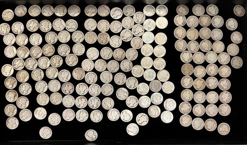 163 U.S. Silver Dimes: Approx. 163 U.S. Silver Dimes. Approx. Barber - 48, Roosevelt - 21 and Mercury- 94.