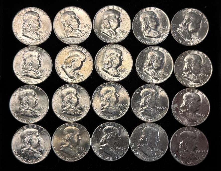 20 Franklin Half Dollars: 20 1963 - D Franklin Half Dollars. Very nice uncirculated condition.