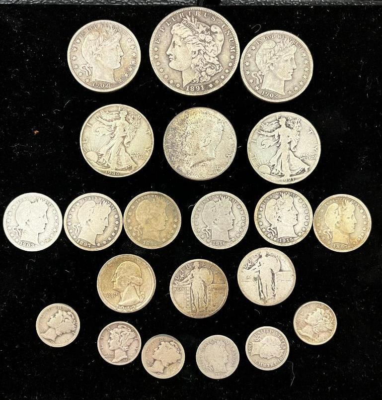 1891 Carson City Morgan Silver Dollar and more: 1891 Carson City Morgan Silver Dollar, Barber, Kennedy and Walking Liberty half dollars, Quarters and dimes. $6.35 face value.