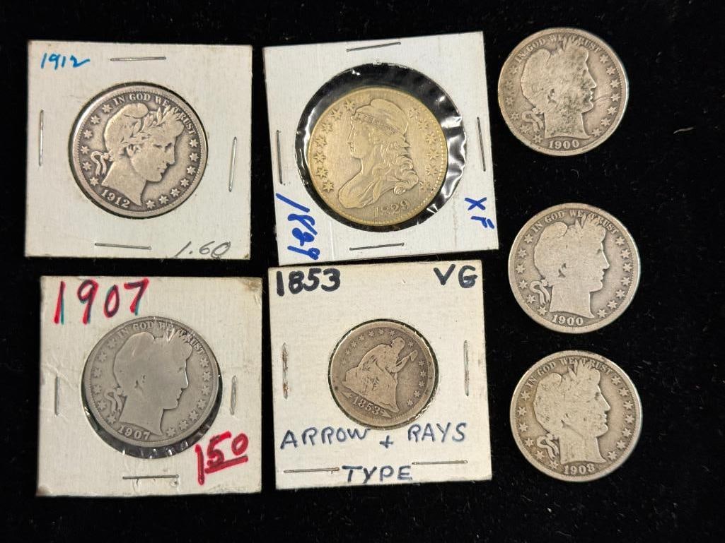 1829 Bust Half, Barber Halves and more: 1829 Bust Half, 1853 Seated Half dollar and Barber Halves. 7 pieces.
