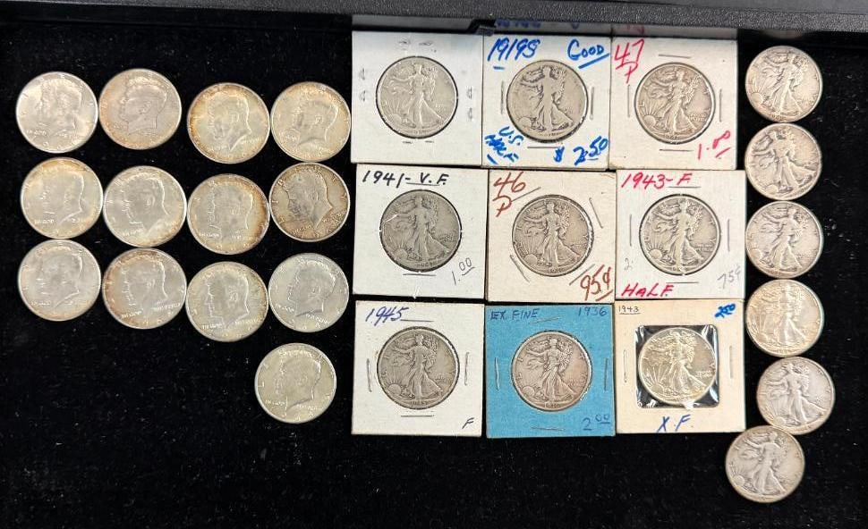 28 Silver U.S. Half Dollars: 28 Silver U.S. Half Dollars. Including Walking Liberty and Kennedy halves.
