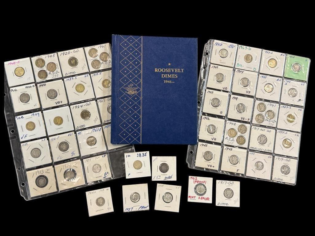 U.S. Silver Dimes and more: Approx. 101 U.S. Silver Dimes and 7 clad dimes. Including 1835 Capped Bust dime and 1845 Seated Liberty dime.