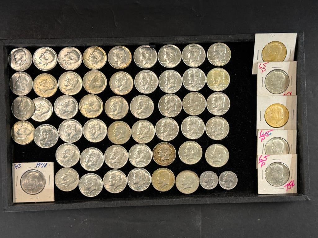 54 Kennedy 40% Silver half dollars and more: 54 Kennedy 40% Silver half dollars, 1971 half and 2 clad quarters. 57 pieces total.