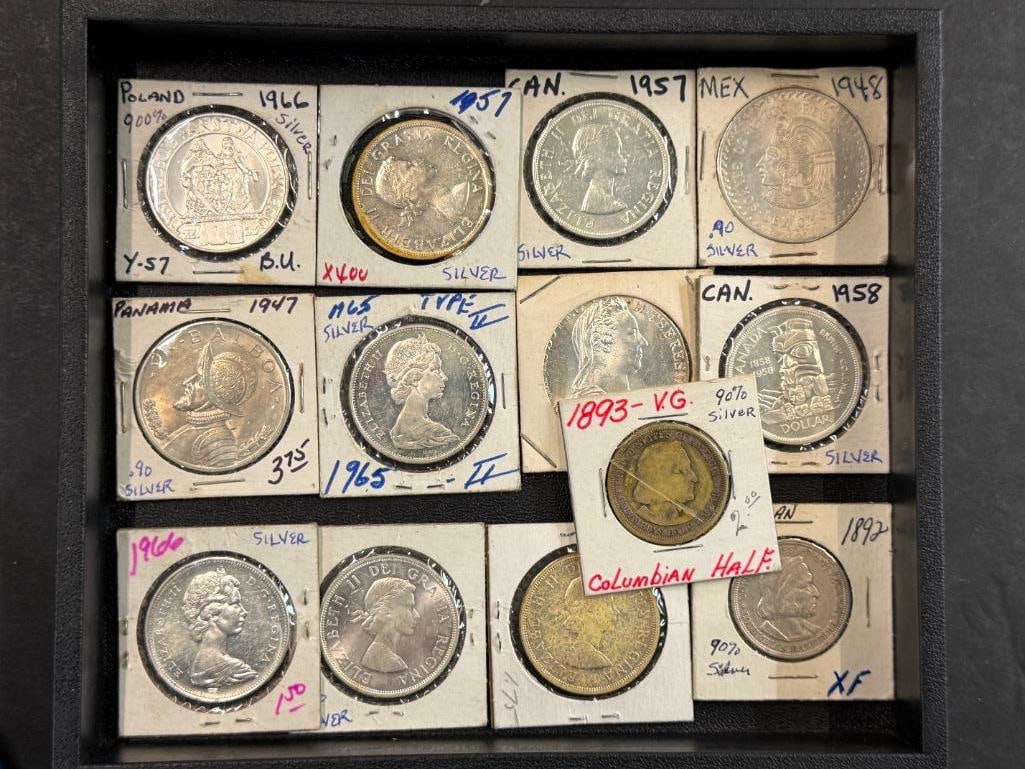 13 Foreign Silver Coins: 13 Foreign Silver Coins. Including Canada, Panama, Poland, Columbia and more.