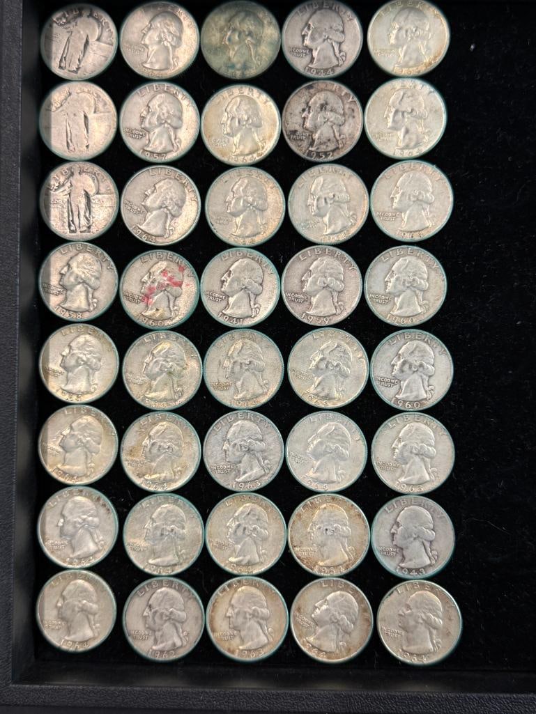 40 U.S. Silver Quarters: 40 U.S. Silver Quarters. Standing Liberty and Washington designs.