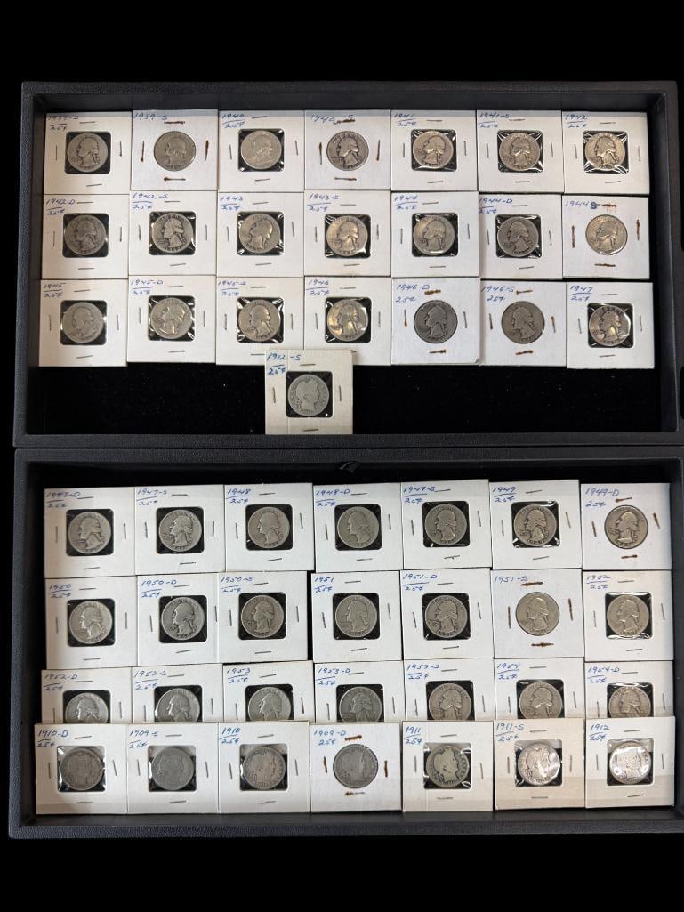 50 U.S. Silver Quarters: 50 U.S. Silver Quarters. Including Barber and Washington designs.