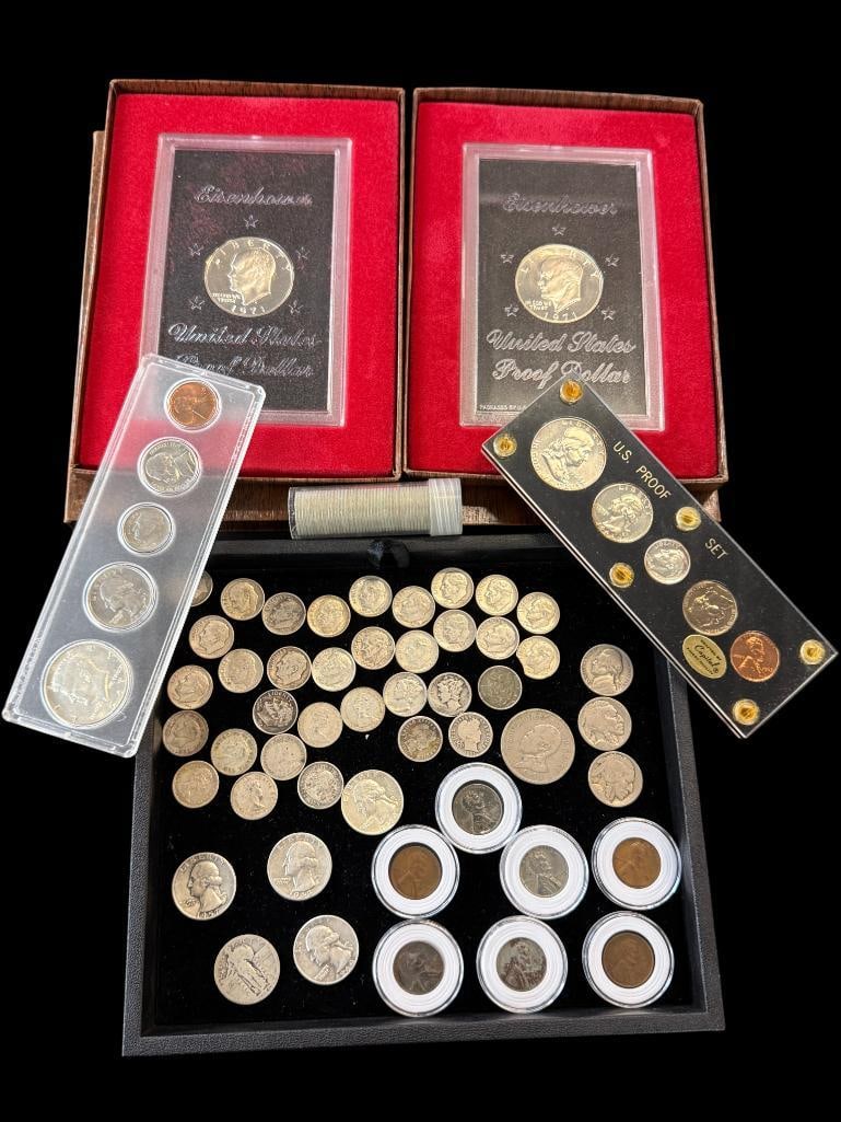 U.S. Silver Dimes, Quarters and more: Approx. 75 silver dimes, including 50 1953 dimes that appear uncirculated. 8 Canada silver dimes. 1963 Proof set. Eisenhower Proof Dollars and more. Over 100 pieces total.