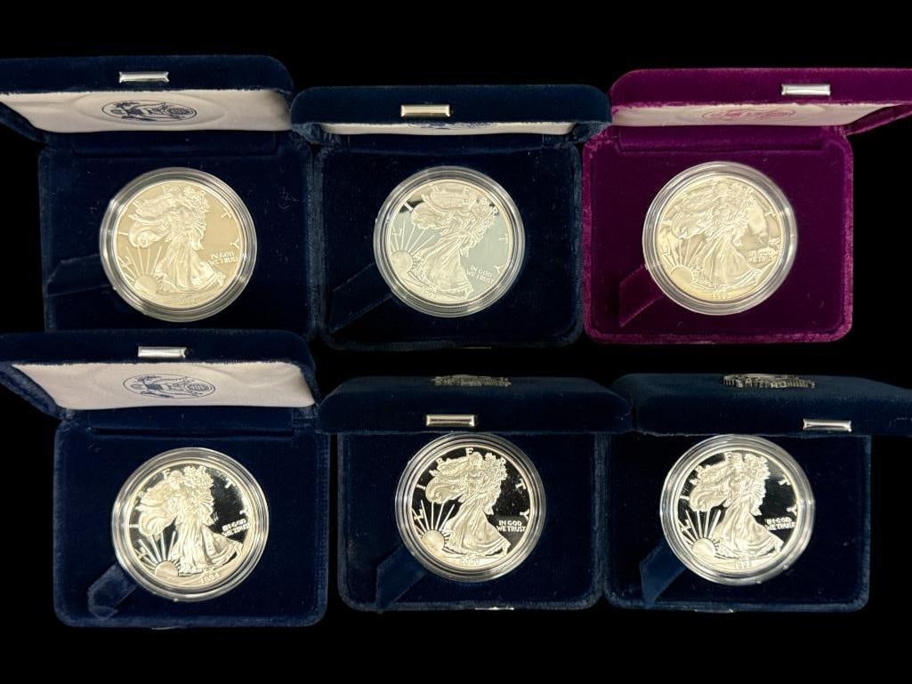 6 Proof U.S. Silver Eagles: 6 Proof U.S. Silver Eagles. Including years 1993, 1994, 1996, 1998, 1999 and 2000.