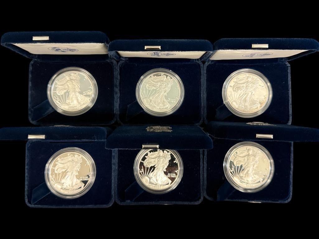 6 Proof U.S. Silver Eagles: 6 Proof U.S. Silver Eagles. Including years 2001, 2002, 2003, 2004, 2005 and 2006.