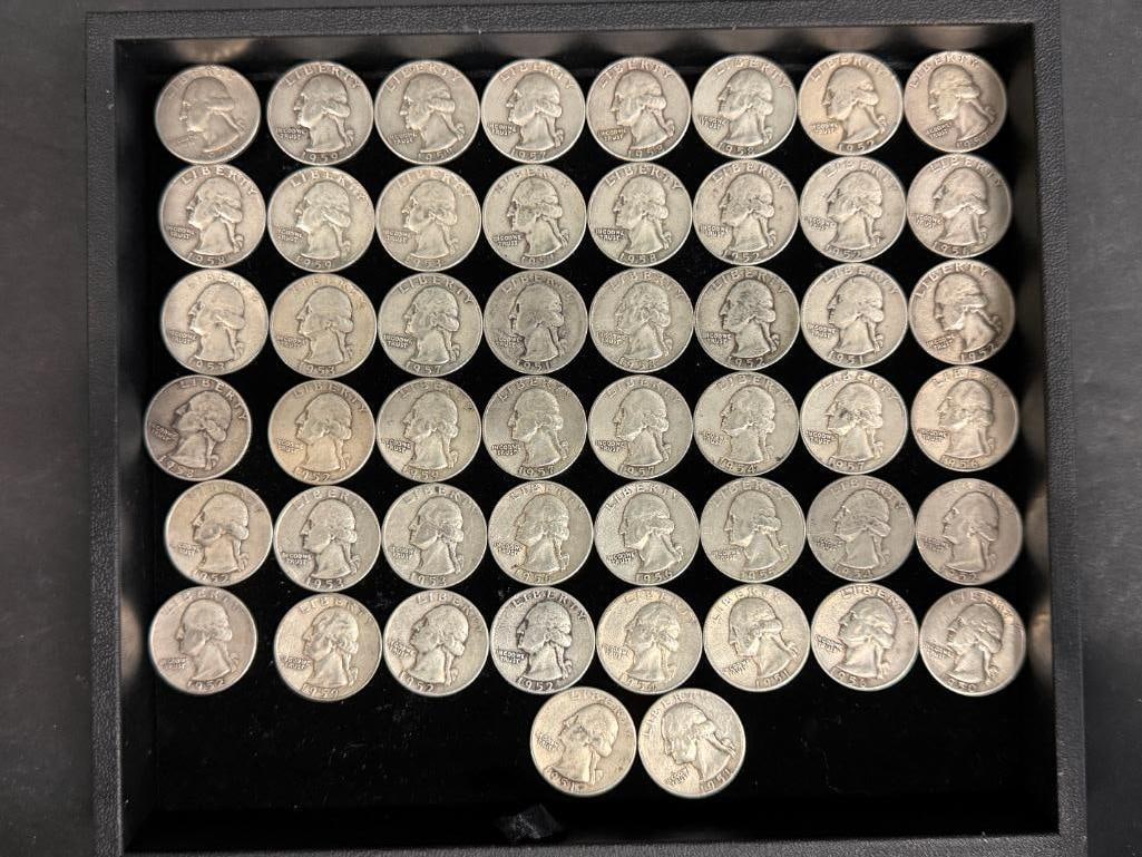 50 U.S. Silver Washington Quarters: 50 U.S. Silver Washington Quarters.