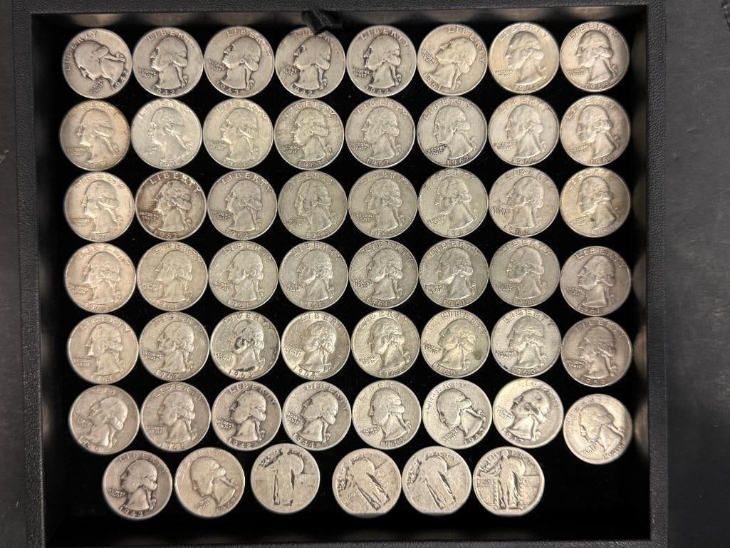 54 U.S. Silver Washington Quarters: 54 U.S. Silver Washington Quarters.