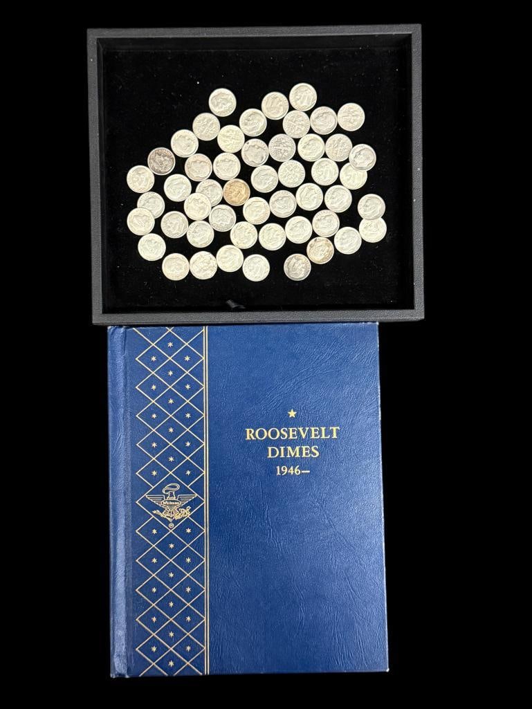 87 Silver Roosevelt Dimes and more: Approx. 87 Silver Roosevelt Dimes and 12 clad dimes. Some in Whitman album.