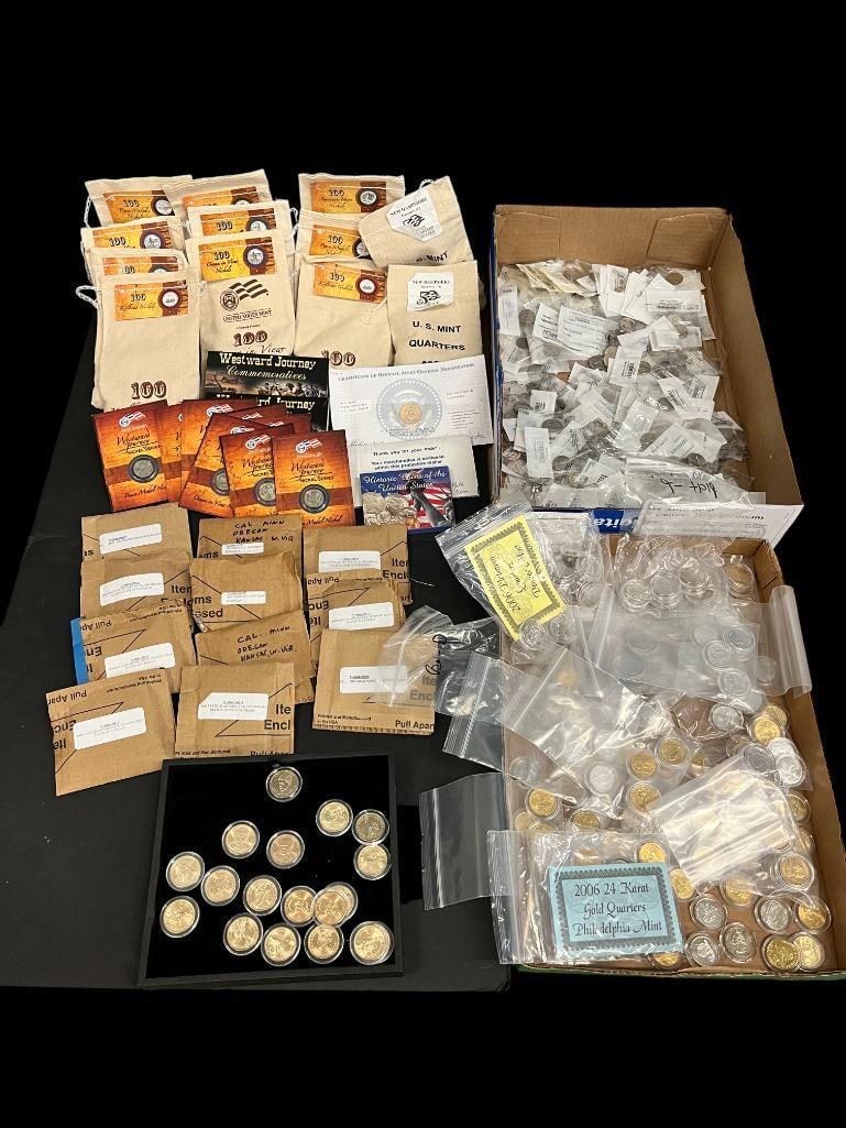 U.S. State Quarters, Nickels and more: Collection of modern U.S. coinage including U.S. State Quarters, Nickels and more. New Hampshire Quarters, Return to Monticello, American Bison Nickels in bags. Gold plated State Quarters. 