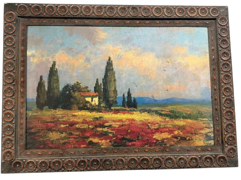 Landscape oil on board: Landscape oil on board in metal frame. Approx. 35 x 24. Frame approx. 44 x 32 inches.