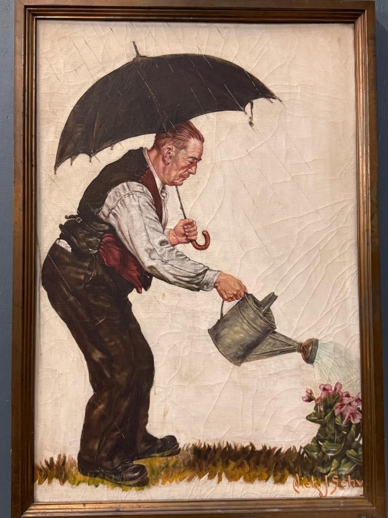 Nick Schwab oil on canvas: Nick Schwab signed oil on canvas, applied to board. Nick Schwab was an illustrator for the New York Post. Frame approx. 41 x 29 inches.