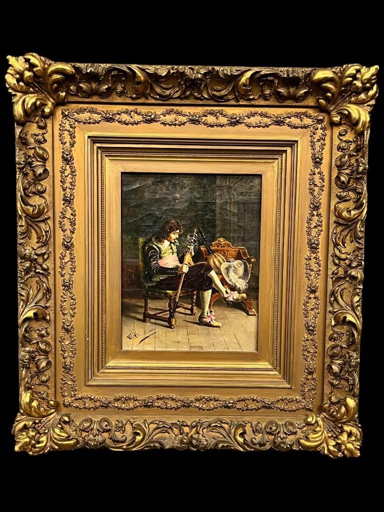 Torello Ancillotti signed oil on canvas: Torello Ancillotti (1844-1899) signed oil on canvas of a Cavalier. In gold gilt frame. Approx. 9 x 7 inches. Frame approx. 19 x 17 inches.