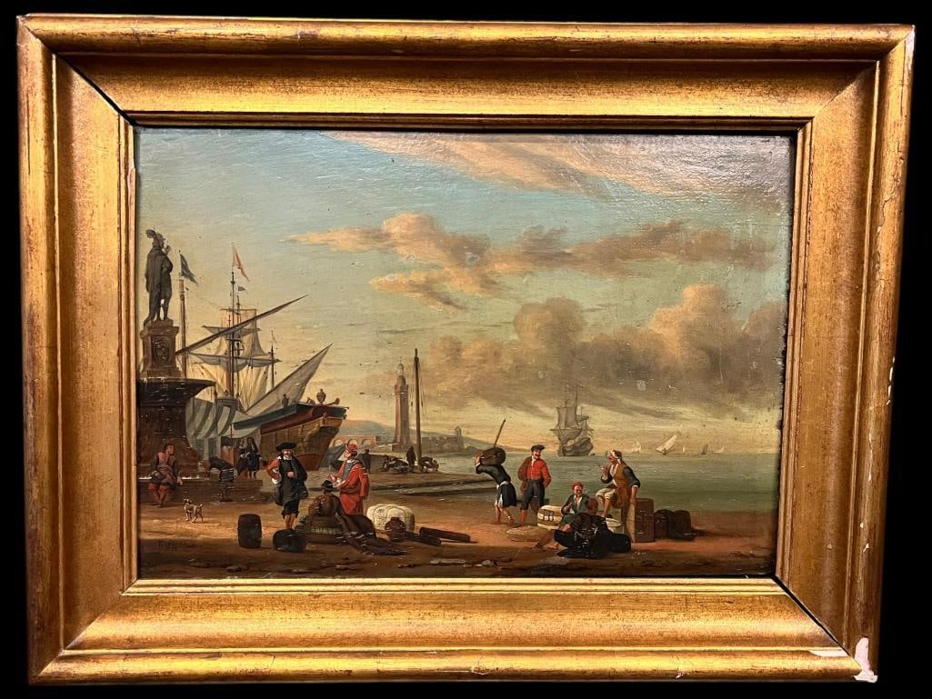 Pieter Lofvers oil on board: Pieter Lofvers (1710-1788) oil on board of a harbor scene. Approx. 15.5 x 11 inches. Frame approx. 21 x 16 inches.