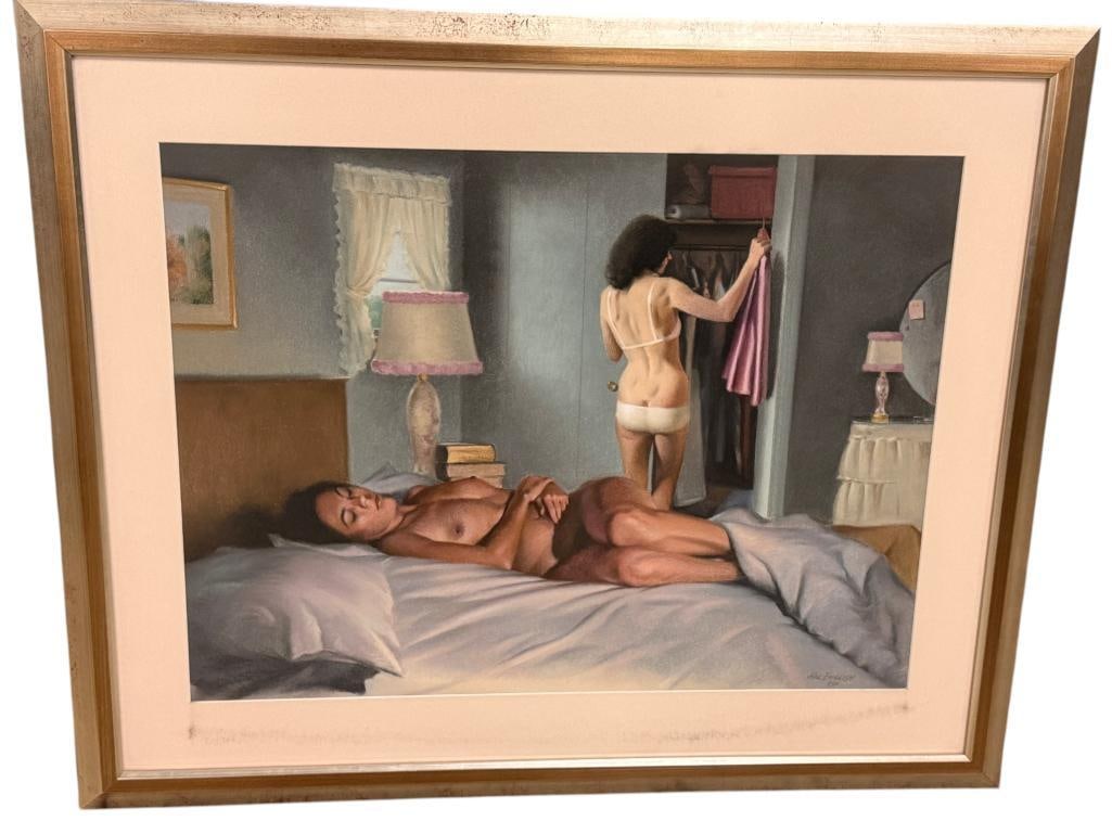 Hal English signed pastel The Sisters: Hal English (1910-2008) signed pastel The Sisters. Approx. 25 x 18.5 inches. Frame approx. 33 x 27 inches.