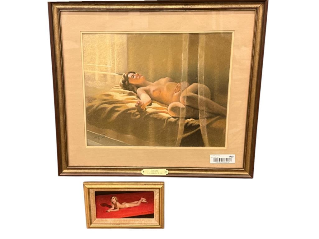 2 Hal English signed paintings: 2 Hal English (1910-2008) signed paintings. "Siesta" approx. 15 x 12 inches. Frame approx. 21.5 x 18.5 inches. "The Red Rug 2" approx. 6.5 x 3.5 inches. Frame approx. 9 x 6 inches.